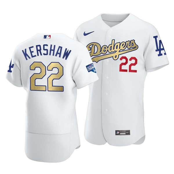 Men's Los Angeles Dodgers #22 Clayton Kershaw White Gold 2021 World Series Champions Patch Sttiched MLB Jersey Men's Los Angeles Dodgers #22 Clayton Kershaw White Gold 2021 World Series Champions Patch Sttiched MLB Jersey